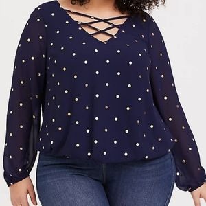 Navy & Gold Dot Chiffon Long Sleeve Lattice Blouse